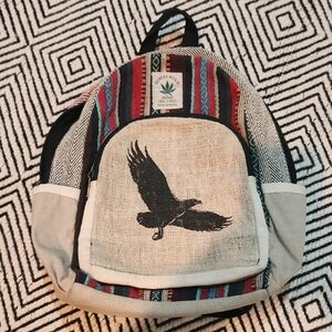 Hemp Himalayan Mini Backpack with Eagle Print - Multicolor